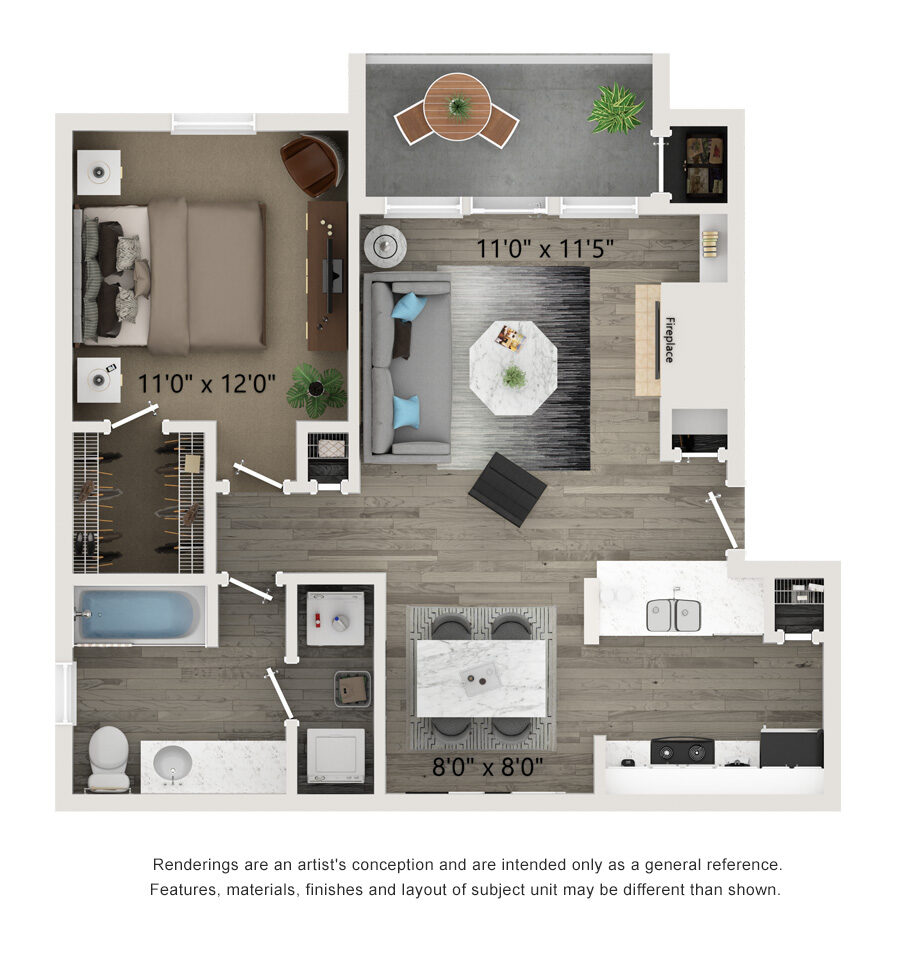 Rendering of one bedroom apartment - A1